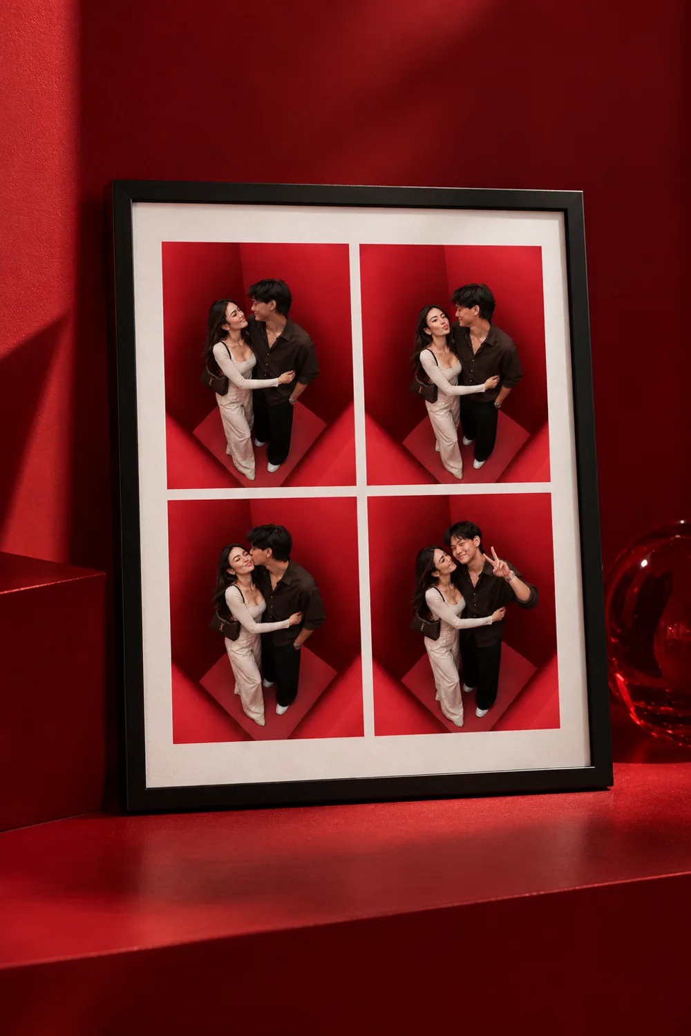 A black picture frame standing on red steps, holding a strip of four photographs of a couple posing inside the booth.