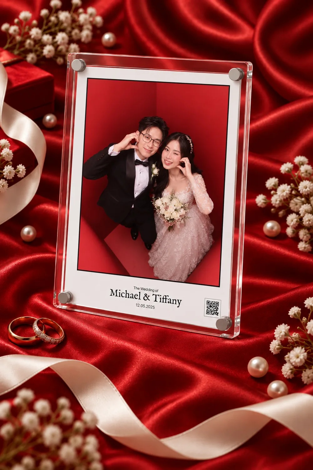 A photograph of a couple in wedding dress held in a clear acrylic block frame with metal standoffs, printed underneath with "The Wedding of Michael & Tiffany" and the date, next to a QR code. It rests on red satin with pearls, ribbon and two wedding rings.